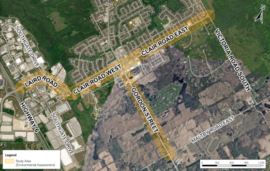 Study area map. It highlights where Laird Road and Clair Road intersect with Gordon Street in the city of Guelph.