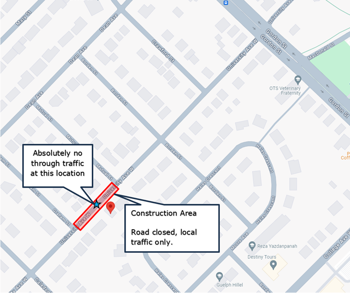 An aerial view of a map showing the area of construction on University Avenue West, between Graham Street and Mutual Street. There are two text boxes in the image, one pointing to a spot on the closure marked with a small blue star saying, "Absolutely no through traffic at this location", and the other pointing to the general construction area saying, "Construction Area, road closed, local traffic only.".