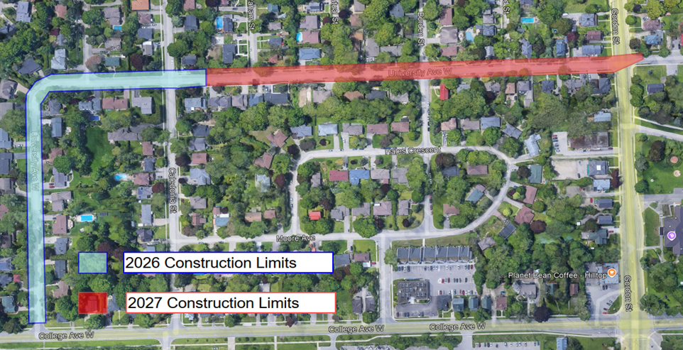 University Avenue West construction map. 2026 construction limits are outlined from College Avenue West to past Caledonia Street. 2027 construction limits are outlined from east of Caledonia Street to Gordon Street. 
