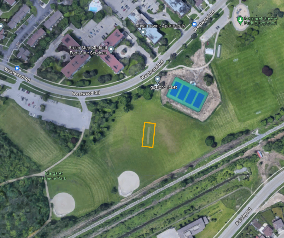 An aerial view of Margaret Greene Park with the cricket pitch work area outlined in yellow.