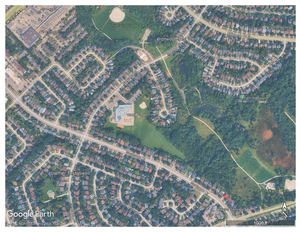 Map of the construction area for the well sampling at University Village Park and Steffler Park.