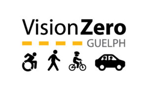 Vision Zero Guelph, person in a wheelchair, person walking, person cycling, a car.