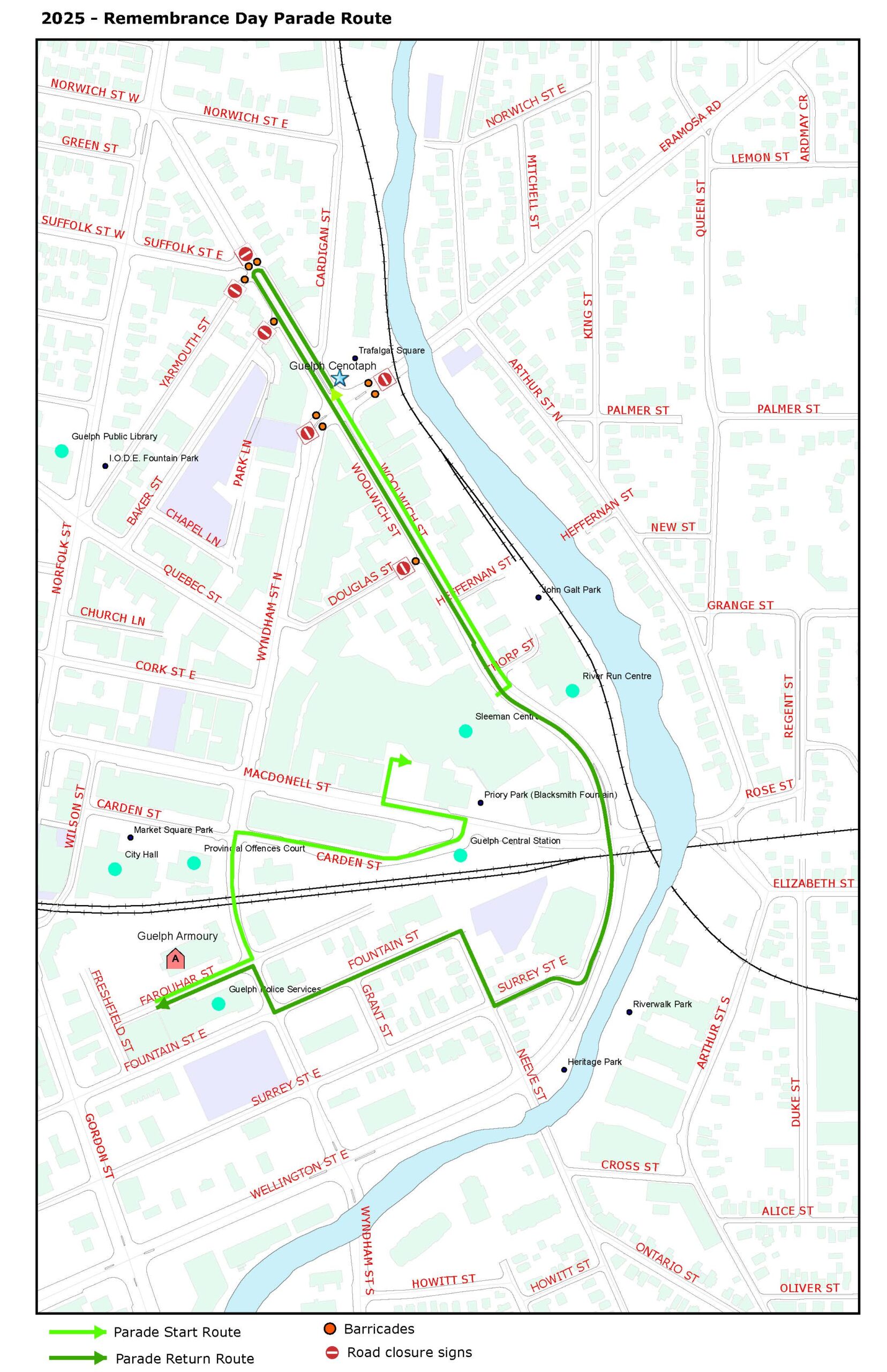 Map of Remembrance Day parade route in Guelph.