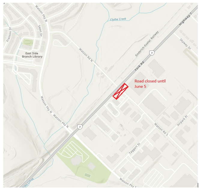 A map showing the construction taking place on Watson Road South. There is a red block with an X in the middle on the corner of Watson Road South and York Road. This indicates where the construction is taking place. 