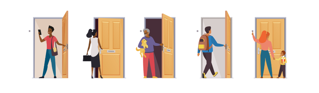 Illustration of people opening front doors of multiple units