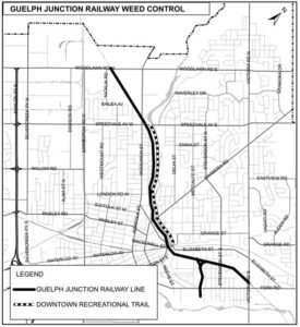 Map of area where weed control will take place, which is along Guelph Junction Railway tracks between Woodlawn Road and Victoria Road, excluding a section of tracks from Norwich Street East to just past Macdonell Street.