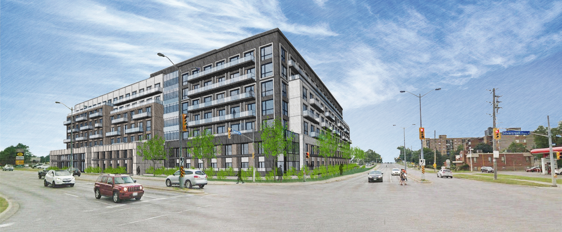 Updated rendering shows a six storey mixed use apartment building on the Willow West Mall property at the northeast corner of Silvercreek Parkway North and Willow Road. Commercial uses are on the ground level. The new building is various shades of grey with windows and balconies on both frontages. Vehicles, trees and pedestrians are shown on the roadways for perspective
