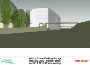 This panel shows a massing view of the Wilson Street Parkade facing south down Norfolk Street. Six parking levels are shown and a roof top level that is also intended to be used for parking. The pedestrian bridge is shown spanning Wilson Street.