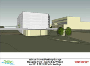 This panel shows a preliminary massing view of the Wilson Street Parkade facing north from the intersection of Norfolk Street and Wilson Street. The garage has six parking levels and a roof top level that is also intended to be used for parking. The railway bridge is shown at the front spanning across Norfolk Street and Wilson Street.