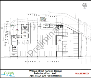 This panel shows a preliminary layout of Level 1 of the Wilson Street Parkade. There is an entrance lane from Wilson Street beside two exit lanes to Wilson Street. The main entrance lobby is located at the corner of Wilson Street and Northumberland Street. Through the main entrance lobby there is access to an elevator, staircase, the parking office and a secure parking storage. Public washrooms (two male washrooms and two female washrooms) are shown with access from Wilson Street. Accessible parking is located on this level.