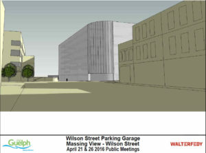 This panel shows a preliminary massing view of the Wilson Street Parkade facing north from the intersection of Norfolk Street and Wilson Street. The garage has six parking levels and a roof top level that is also intended to be used for parking. The railway bridge is shown at the front spanning across Norfolk Street and Wilson Street.