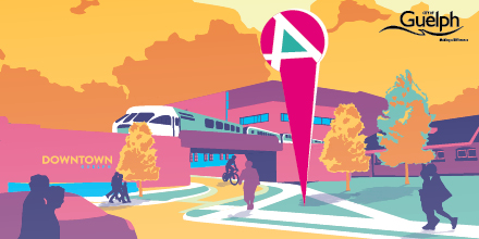 An illustration of the corner of wilson street and gordon facing City Hall. A pin point marks the spot where the art will go in the re-imagined space.