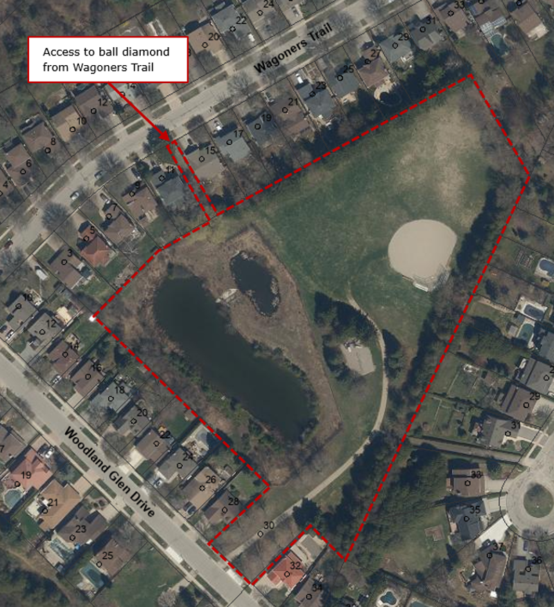 Map of the Woodland Glen Park boundary marked with a red border, with the Wagoners Trail entrance highlighted.
