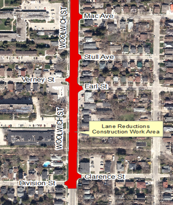 An aerial view of the map of construction, where the construction area is indicated with a thick red line and a text box saying, "lane reductions, construction work area". This image shows from past Mac Avenue to Division Street.