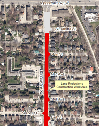 An aerial view of the map of construction, where the construction area is indicated with a thick red line and a text box saying, "lane reductions, construction work area". This image shows from Alexandra Street to past Earl Street.
