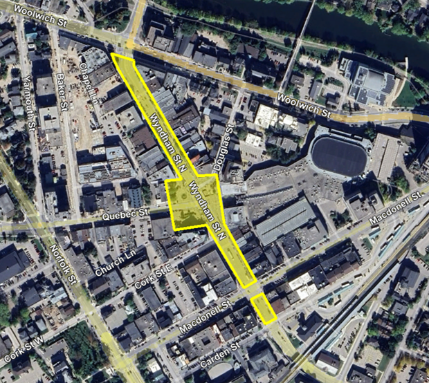 an aerial view of the construction area on Wyndham Street North. There is a yellow section beginning on Woolwich Street that travels down Wyndham Street North to Carden St.