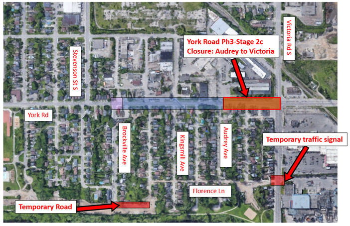 An aerial view of a map of the construction area. There is an orange box around the section of York Road that will be affected by the phase 3 stage 2c construction work. There are also indications of a temporary traffic signal at Florence Lane and Victoria Road South. 