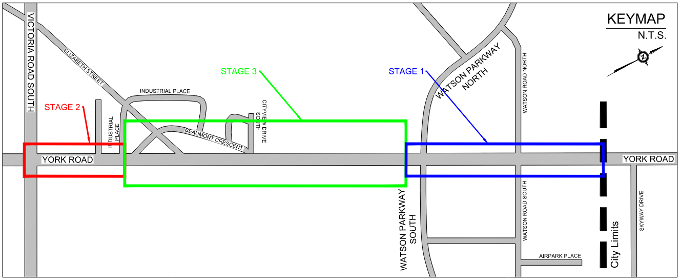 York Road Phase 4 construction map. Stage 1 is outlined from the City's eastern limit to Watson Parkway. Stage 2 is from Victoria Road South to Industrial Place. Stage 3 is from Industrial Place to Watson Parkway.