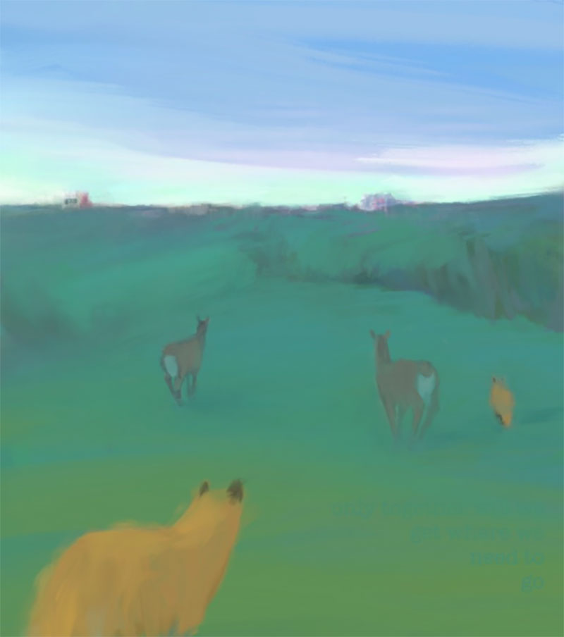 Painting of green space with two white-tailed deer and two coyotes standing and looking into the distance