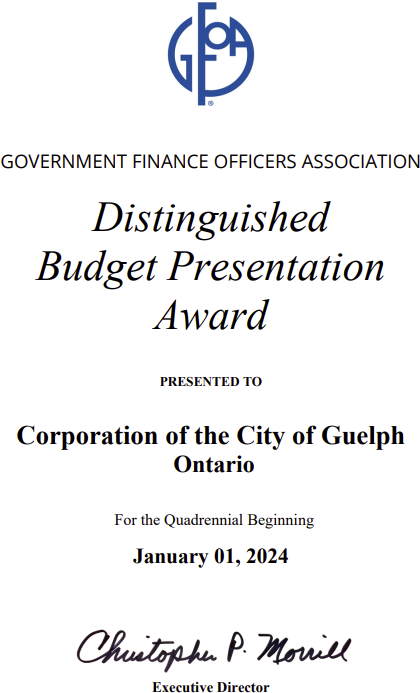 Government Finance Officers Association Distinguished Budget Presentation Award presented to Corporation of the City of Guelph, Ontario, for the quadrennial beginning January 1, 2024