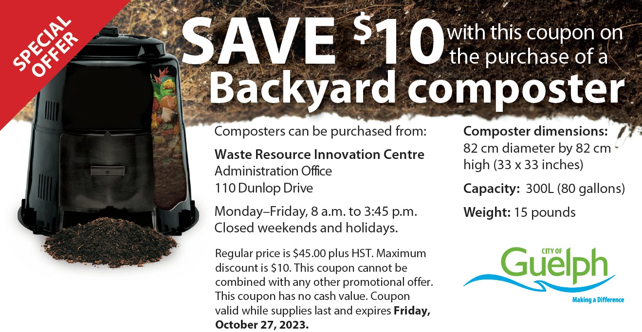 Special offer: Save $10 with this coupon on the purchase of a backyard composter. Composters can be purchased from the Waste Resource Innovation Centre Administration Office, 110 Dunlop Drive, Monday to Friday, 8 a.m. to 3:45 p.m. Closed weekends and holidays. Regular price is $45 plus HST. Maximum discount is $10. This coupon cannot be combined with any other promotional offer. This coupon has no cash value. Coupon valid while supplies last and expires Friday, October 27, 2023. Composter dimensions: 82 centimetres diameter by 82 centimeters high (33 by 33 inches). Capacity: 300 litres (80 gallons). Weight: 15 poiunds.
