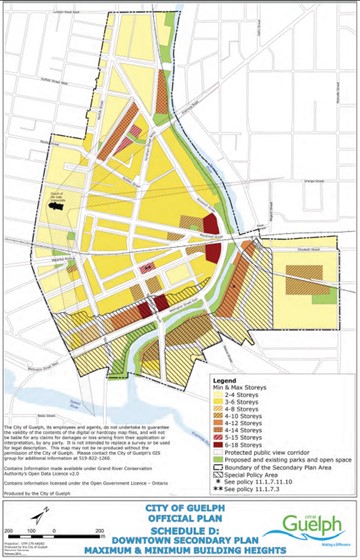 Map of the current building height permissions in downtown Guelph