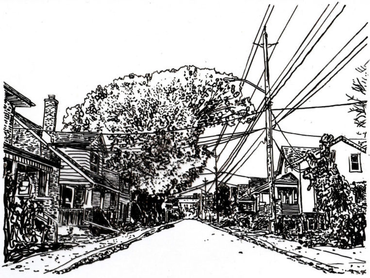 A black and white drawing, looking down a residential street with power lines and a large tree, which has been cut back to accommodate the collection of wires.