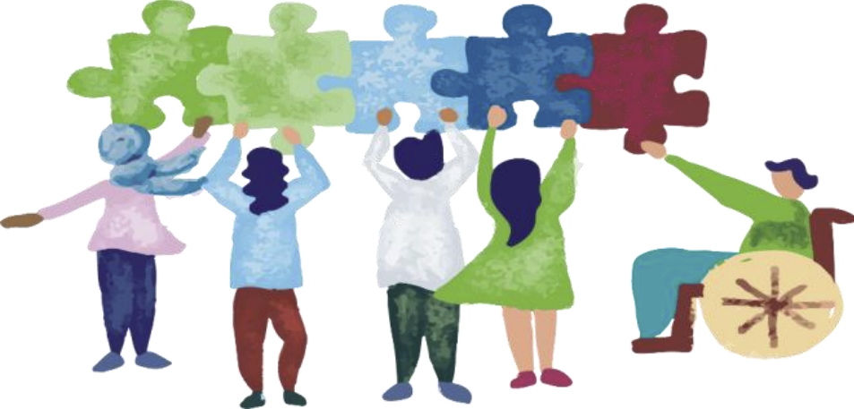 Illustration of 5 people holding large puzzle pieces. 4 are standing; 1 is in a wheelchair.