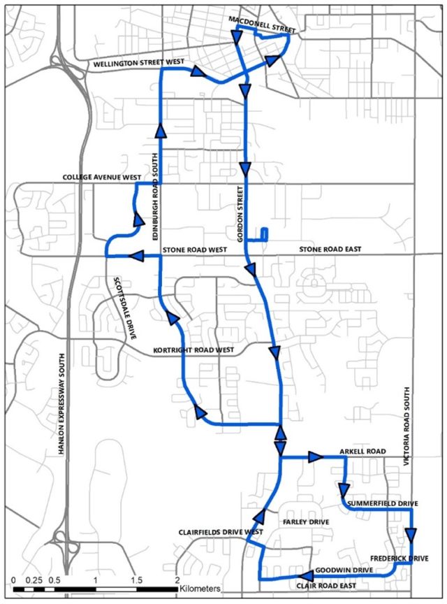 Guelph Transit Sunday Night service route map