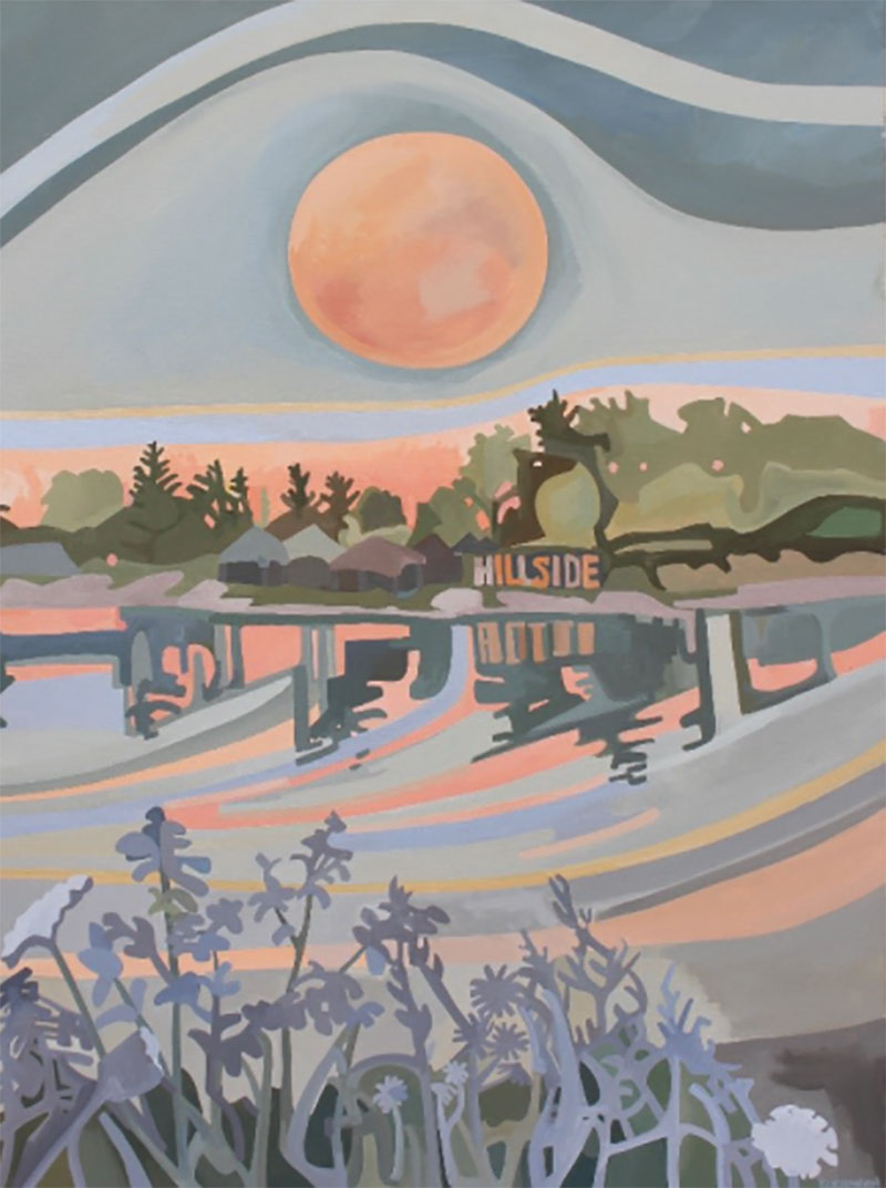A painting of the Hillside Festival grounds looking across Guelph Lake towards the vendor booths
