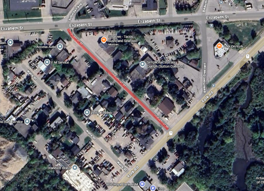 Map showing construction area on Industrial Street highlighted in red. 