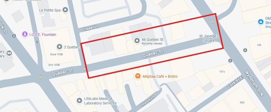 Map depicting downtown Guelph with Quebec Street outlined from Wyndham Street to Baker Street.