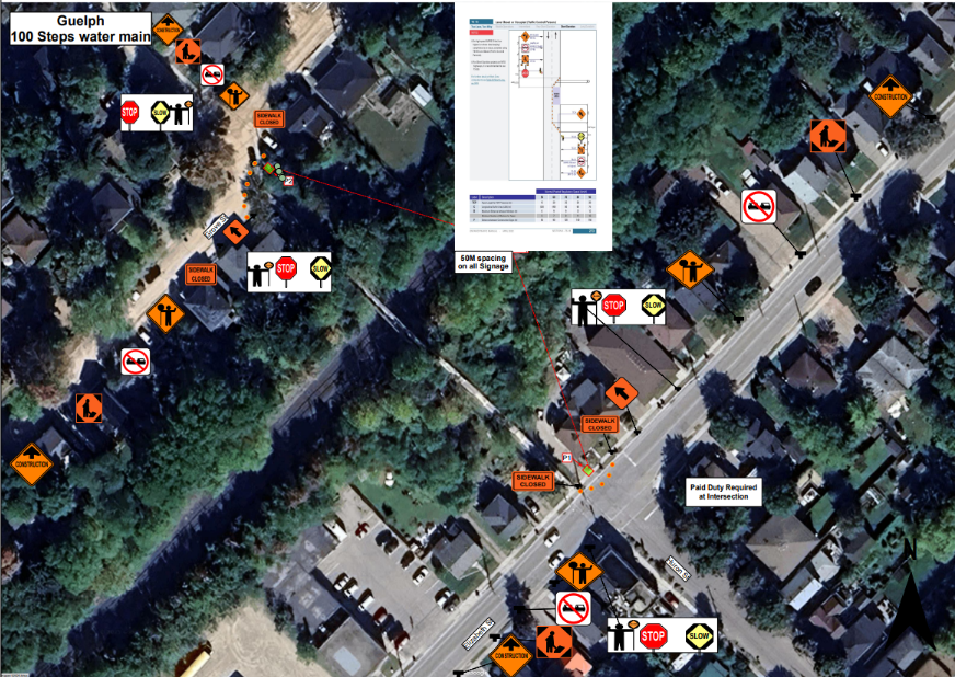 Map showing the 100 Steps Watermain location between Grove Street and Elizabeth Street and lane reductions on each street. 