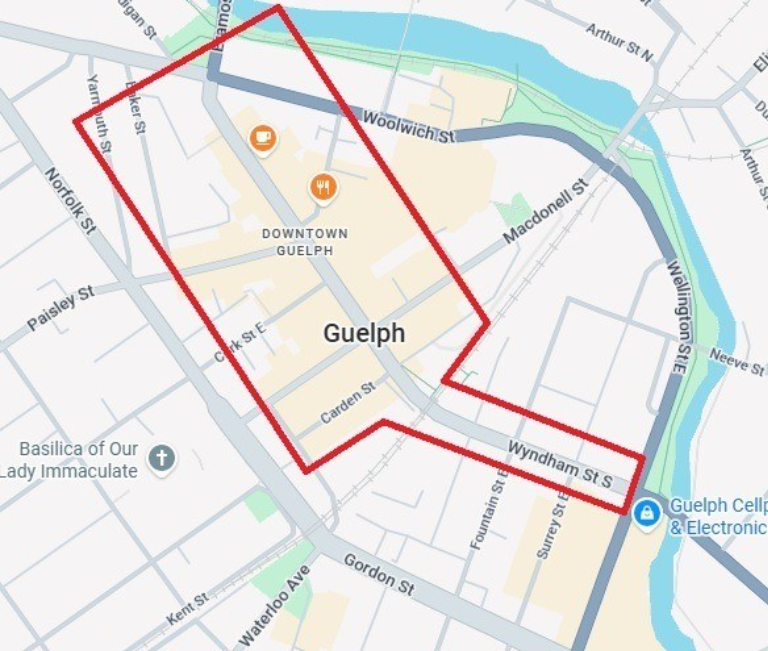 Map of Downtown Guelph with a box highlighting the area of Wyndham Street.