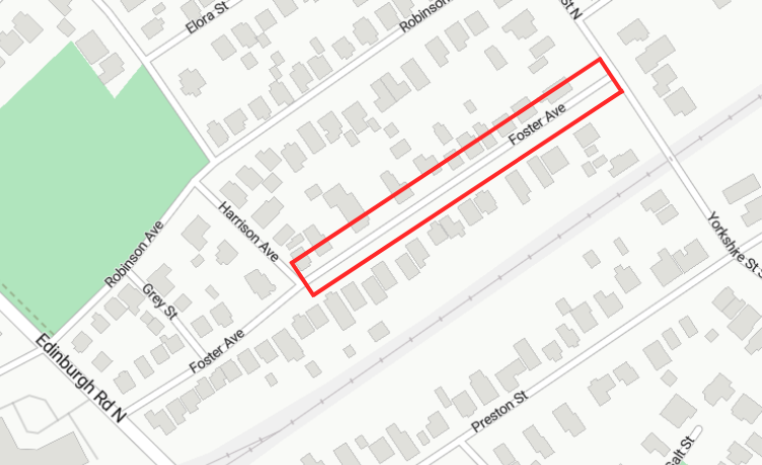 Map displaying Foster Avenue with a red box outlining the street between Yorkshire Street North and Harrison Avenue