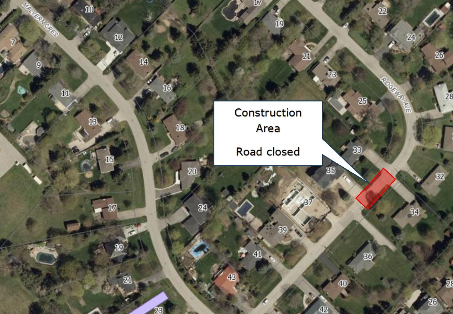 Map of Ridgeway Avenue in Guelph with a red box around the road in front of 34 Ridgeway Ave. Text box that says "Construction Area. Road closed."