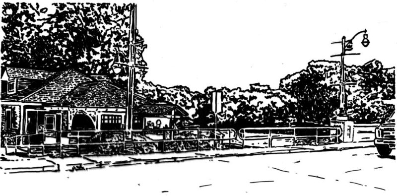 A black and white drawing depicting The Boathouse ice cream parlor and tea room along Gordon Street in Guelph.