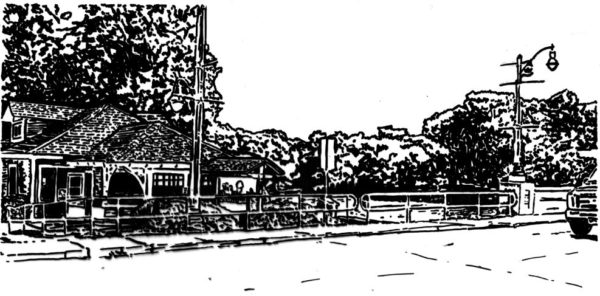 A black and white drawing depicting The Boathouse ice cream parlor and tea room along Gordon Street in Guelph