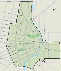 Map showing the boundary of the Downtown Renewal area and the City's Secondary Plan area. It is generally bounded by London Road to the north, the Speed River and Huron Street to the east. Dublin Street to the west and an irregular southerly boundary that includes a portion of York Road and Alice Street but excludes the majority of Royal City Park.