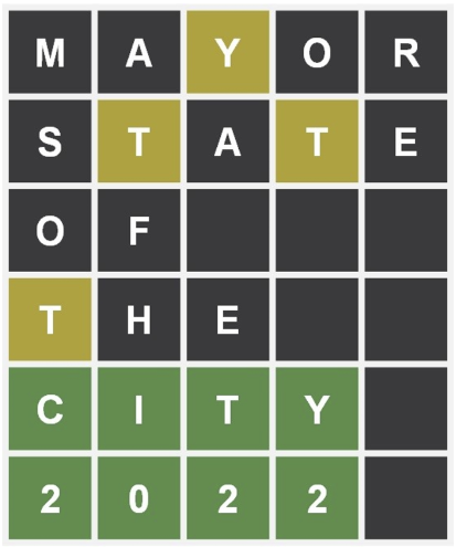 A Wordle board that spells out Mayor State of the City 2022