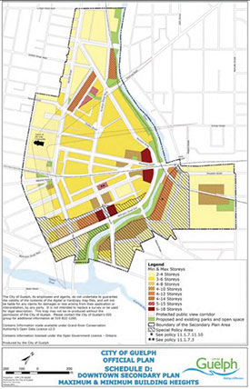 Map of the current building height permissions in downtown Guelph
