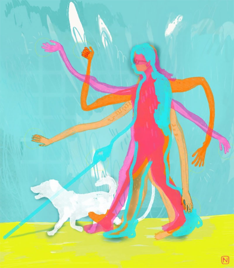 Colourful transparent painting of three people walking with a dog