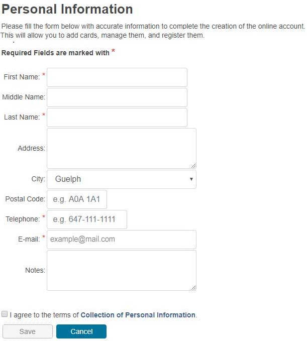 Screenshot of personal information page