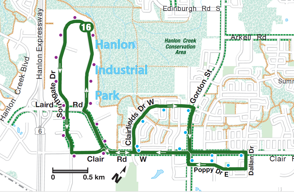 Guelph Transit Route 16 map