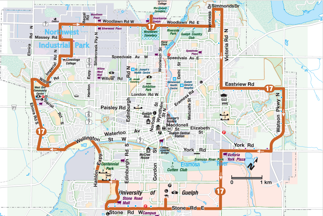 Guelph Transit Route 17 map