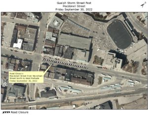 Road closure on Macdonell Street from Wyndham Street North to West Parkade on Friday September 30, 2022 for the Guelph Storm Street Fest