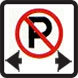 Square sign with a capital P with a red circle and line through it. Black arrows point in the direction where there is no parking