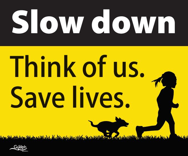 Sign with silhouette of a child and dog running on grass that says "Slow down. Think of us. Save lives."