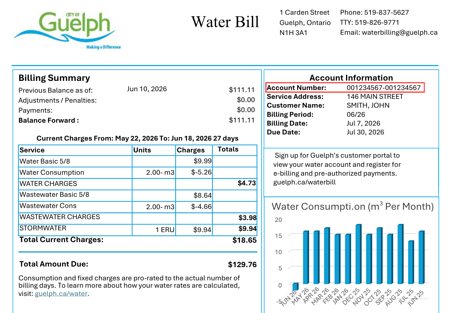 An image showing a water bill sample with the 18-digit account number indicated with a red box on the top right of the bill.