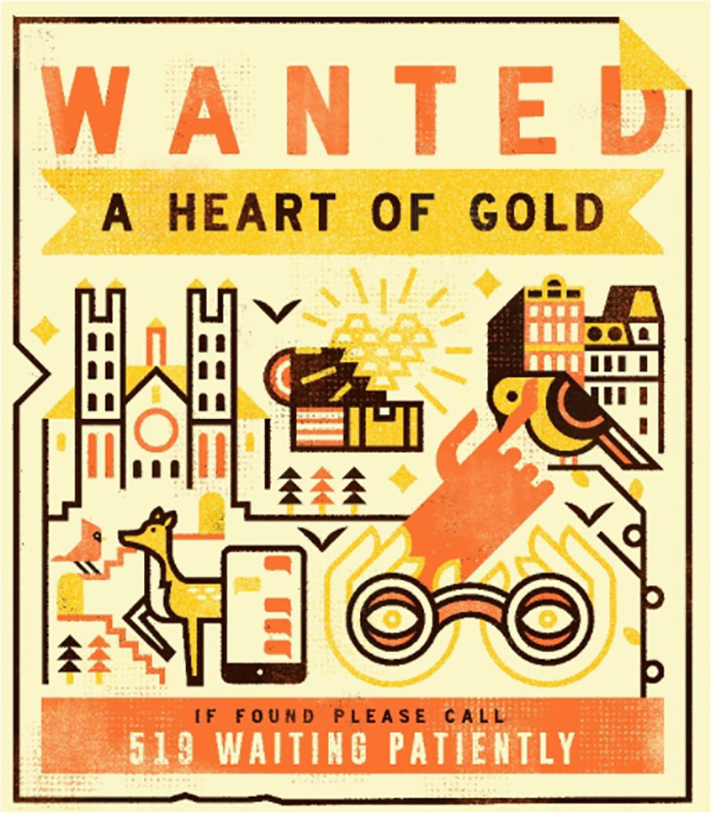 Illustration of Guelph elements that says Wanted: A heart of gold. If found please call 519 waiting patiently